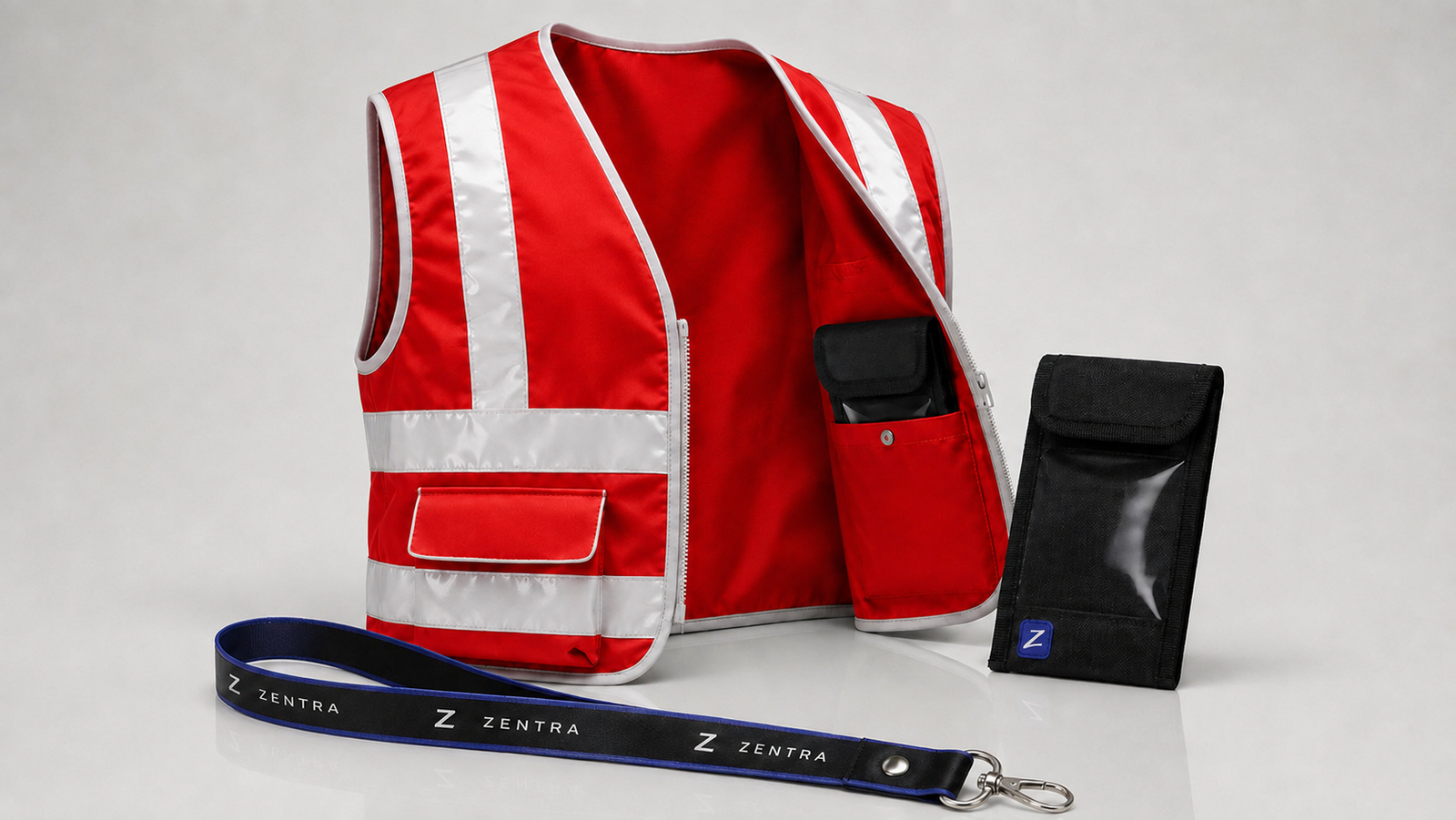 Chaleco reflectivo rojo, funda de seguridad Zentra y porta funda
